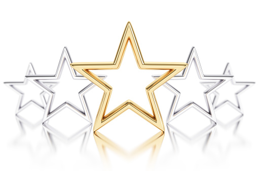 Gold and silver stars on white background