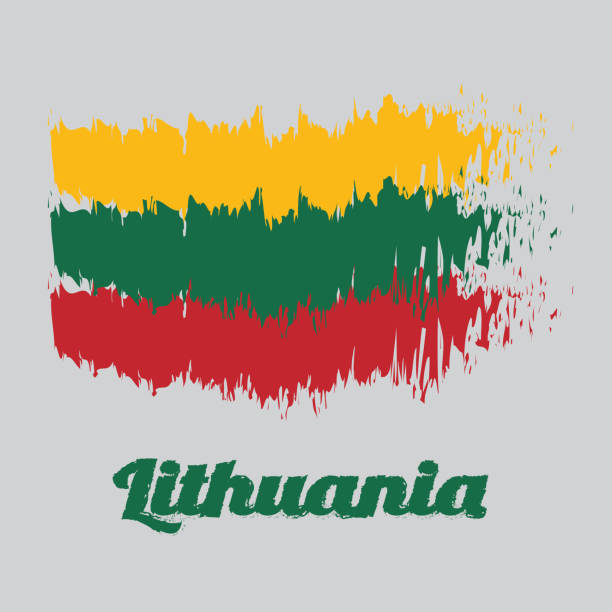 istock Brush style color flag of Lithuania Flag, horizontal yellow green and red, with name text Lithuania. 1046005562