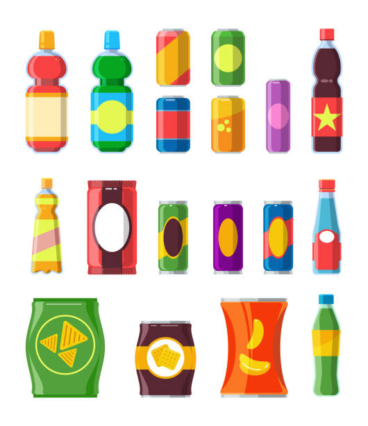 ilustrações de stock, clip art, desenhos animados e ícones de snacks drinks set. chips sandwich crisps chocolate product plastic biscuit water bar container soda merchandise - cold sandwich illustrations