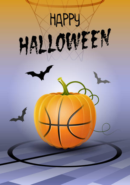 ilustraciones, imágenes clip art, dibujos animados e iconos de stock de feliz halloween. tarjeta de felicitación de deportes. baloncesto. - vegetable basket