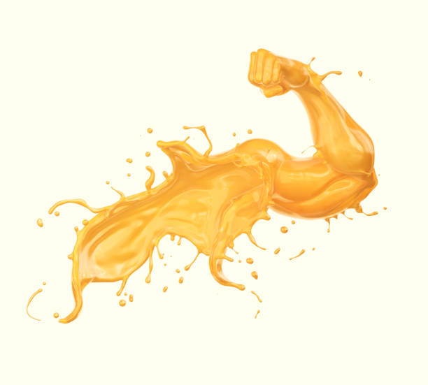 orange or Fruit juice splash in form of arm muscle. orange or Fruit juice splash in form of arm muscle. 3D illustration. power in nature stock pictures, royalty-free photos & images