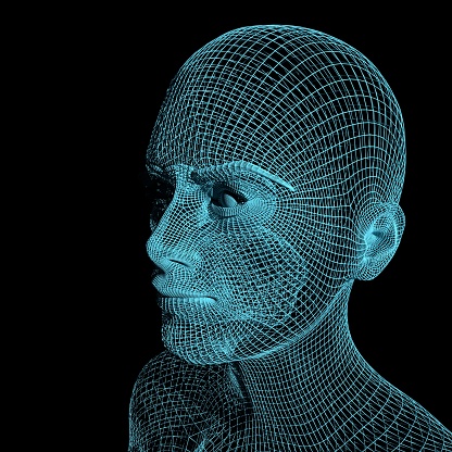 Young woman face from a 3d grid. Wire frame model. Polygonal geometric design.