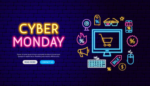 ilustrações de stock, clip art, desenhos animados e ícones de cyber monday neon banner design - wallpaper retro revival computer keyboard computer monitor