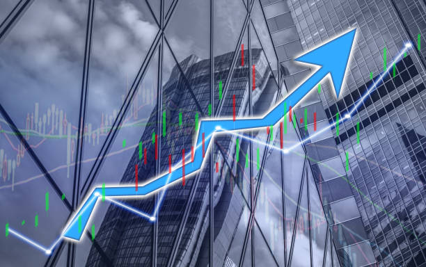 istock Composing with business building and stock chart (blue bull chart on background ) 1046019498