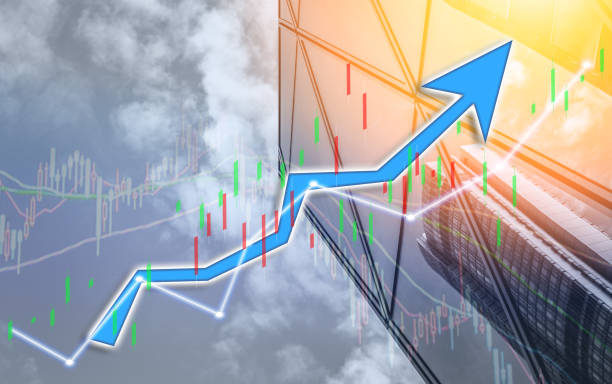 istock Composing with business building and stock chart (blue bull chart on background ) 1046019502
