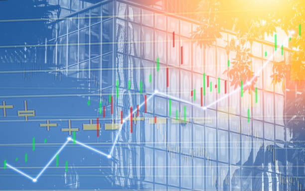 istock Composing with business building and stock chart (blue bull chart on background ) 1046019538