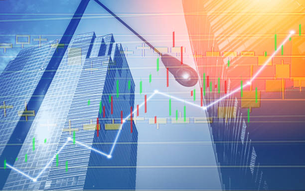 istock Composing with business building and stock chart (blue bull chart on background ) 1046019558