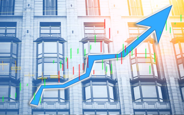 istock Composing with business building and stock chart (blue bull chart on background ) 1046019568