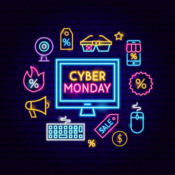 ilustraciones, imágenes clip art, dibujos animados e iconos de stock de cyber lunes computadora neon concepto - cyber monday
