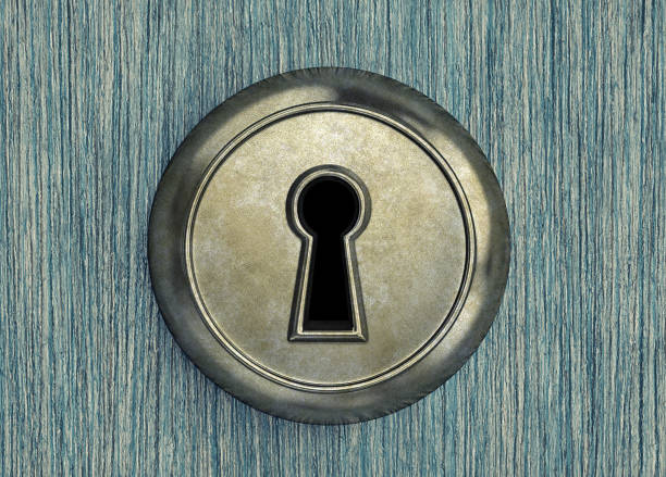 Old rusty keyhole on a wooden door Old rusty keyhole on a wooden door close-up. 3D rendering door chain stock pictures, royalty-free photos & images