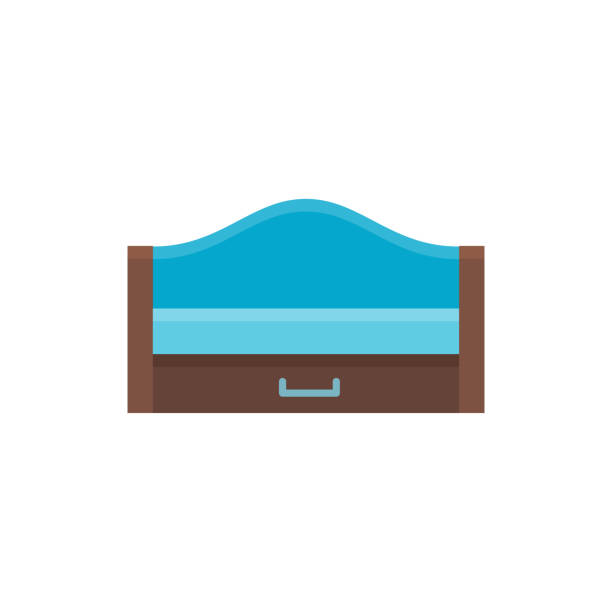 Wooden pull-out sleeper. Vector illustration. Flat icon of blue settee with headboard. Modern sofa with bed. Wooden pull-out sleeper. Vector illustration. Flat icon of blue settee with headboard. Modern sofa with bed. Element of modern home & office furniture. Front view. head board bed blue stock illustrations