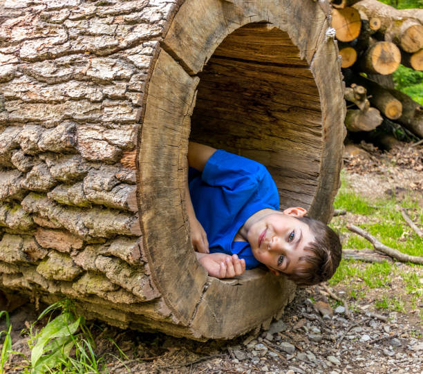 istock Cute cheerful smiling boy child inside hollow tree trunk. Concept: Waldorf school, happy childhood 1046030892