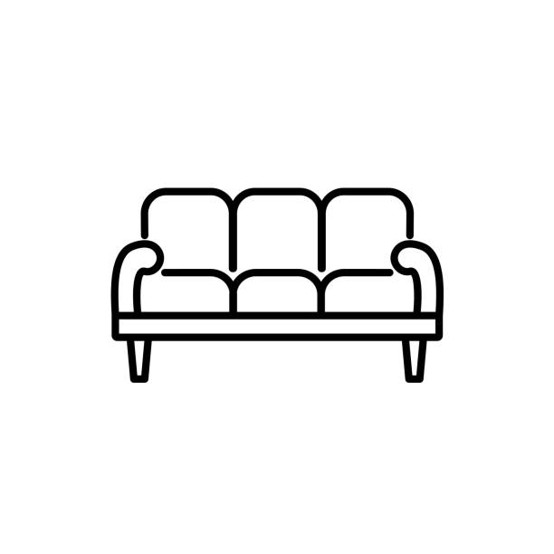 Black & white vector illustration of 3 seaters sofa. Line icon of settee. Modern home & office furniture. Isolated object on white background