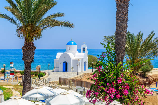 Typical view of Cyprus shore, Cyprus Typical view of Cyprus shore, St Nicholaus church in Protaras, Cyprus ithaca stock pictures, royalty-free photos & images
