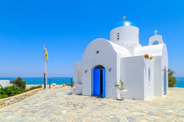 Typical view of Cyprus shore, St Nicholaus church in Protaras, Cyprus
