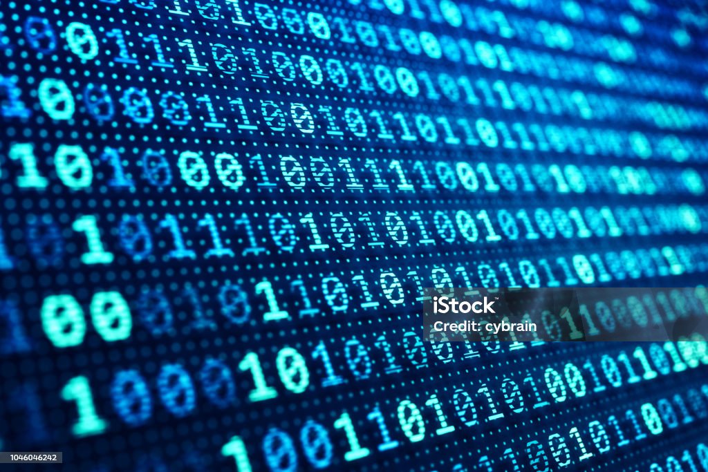 Binary code background Information technology concept, blue digital data on computer screen Binary Code Stock Photo