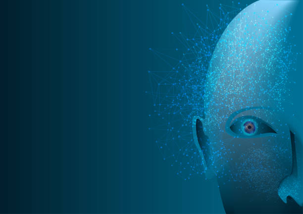 istock Abstract futuristic digital communication of neural network and an artificial intelligence robotic face. 1046046390