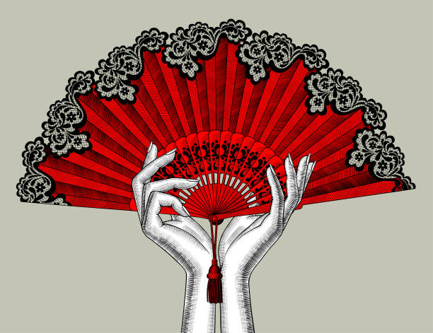 ilustraciones, imágenes clip art, dibujos animados e iconos de stock de manos femeninas con ventilador abierto rojo - women open traditional culture human hand