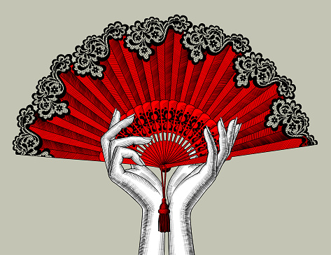 Female hands with red open fan. Vintage engraving stylized drawing. Vector illustration