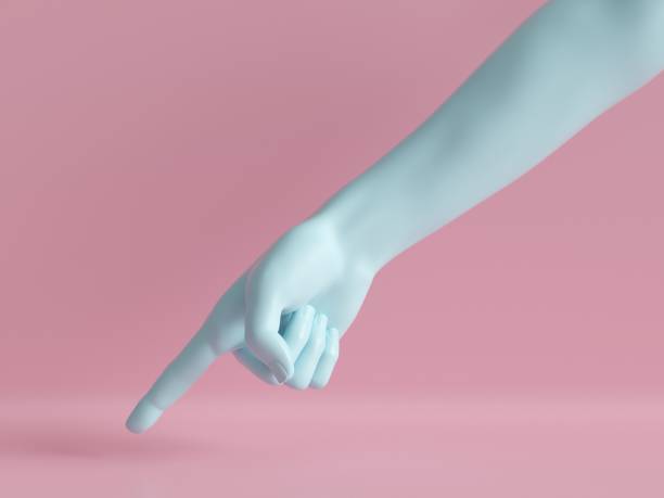 istock 3d render, female hand isolated, finger down, pointing gesture, direction symbol, shop display, minimal fashion background, mannequin body part, show, presentation, pink blue pastel colors 1046052970