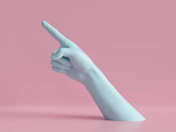 istock 3d render, female hand isolated, finger up, pointing gesture, direction symbol, shop display, minimal fashion background, mannequin body part, show, presentation, pink blue pastel colors 1046052984