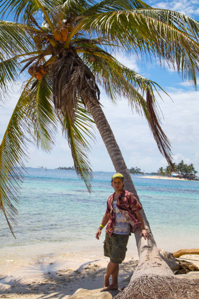 istock Millennial man in tropical beach with palm tree 1046056454