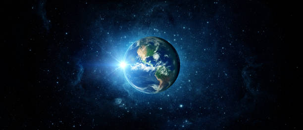 vue panoramique de la terre, soleil, étoile et galaxie. lever du soleil sur la planète terre, vue depuis l’espace. - earth globe space planet photos et images de collection