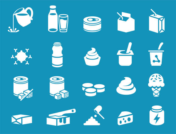 ilustraciones, imágenes clip art, dibujos animados e iconos de stock de icono general de los productos de leche. procesamiento industrial de productos lácteo. - butter dairy product yogurt milk