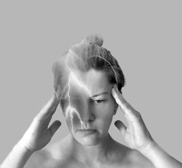 Woman in pain. Double exposure