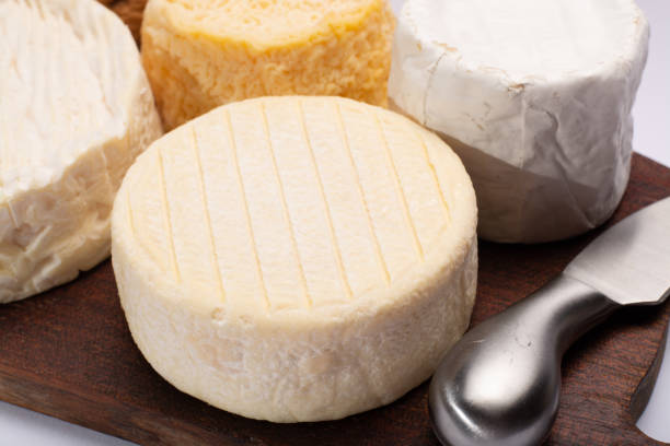 istock French AOC soft cow cheeses, crumbly Langres with washed rind structure, sharp Pie Angloys, camembert with strong taste and brie served as dessert after dinner 1046071966