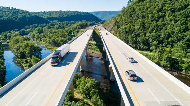 Photo of The aerial scenic view of the elevated highway on the high bridge over the Lehigh River at the Pennsylvania Turnpike.