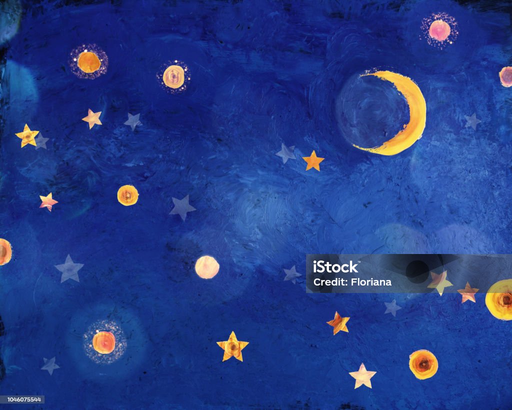 Starry night with crescent moon Painted stars, clouds and crescent moon. All paintings are made by photographer. Star - Space Stock Photo