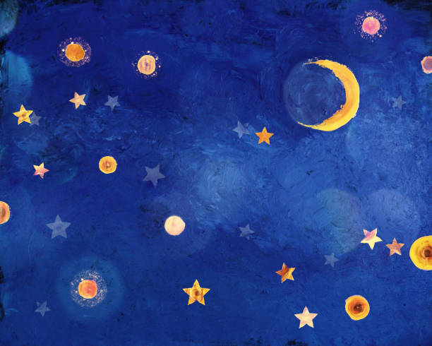Starry night with crescent moon Painted stars, clouds and crescent moon. All paintings are made by photographer. crescent photos stock pictures, royalty-free photos & images