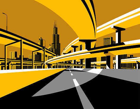 Highway overpass road bridges and city skyline in flat style. Modern urban life conceptual vector illustration