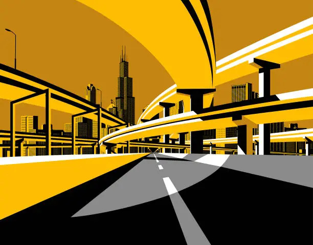 Vector illustration of Highway overpass road and city skyline in flat style