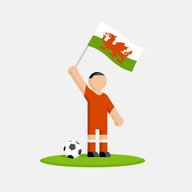 Wales soccer player in kit with flag and ball vector art illustration