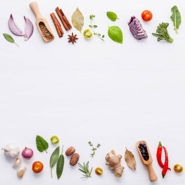 istock Various fresh vegetables and herbs on white background.Ingredients for cooking concept sweet basil ,tomato ,garlic ,pepper and onion with flat lay. 1046086116