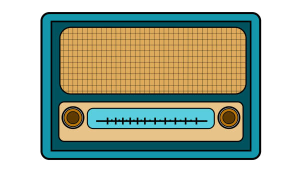 ilustraciones, imágenes clip art, dibujos animados e iconos de stock de azul con amarillo antiguos retro vintage antiguo rectangular hipster primer radio con trazo negro, receptor de radio de música con devanaderas redondos sobre un fondo blanco - radio old fashioned antique yellow