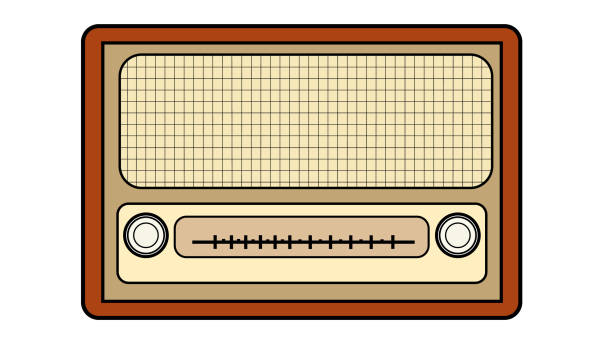 ilustraciones, imágenes clip art, dibujos animados e iconos de stock de color marrón con amarillo antiguo retro antiguo vintage rectangular primera hipster de radio, receptor de radio de música con devanaderas redondos sobre un fondo blanco - radio old fashioned antique yellow