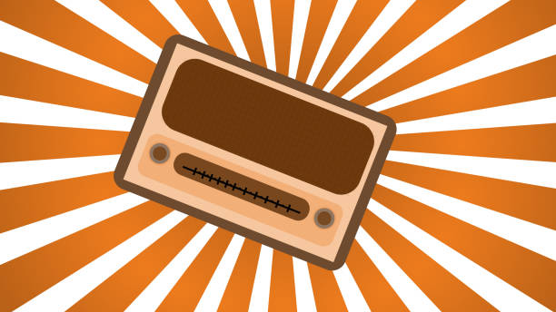 ilustraciones, imágenes clip art, dibujos animados e iconos de stock de color marrón con amarillo antiguo retro antiguo vintage rectangular primera hipster de radio, receptor de radio de música con krutelkami redonda sobre un fondo de rayos de fondo marrón - radio old fashioned antique yellow