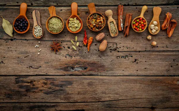 Photo of Various herbs and spices in wooden spoons on wooden background.