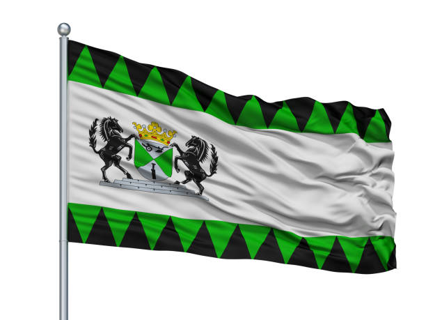Emmen City Flag On Flagpole, Netherlands, Isolated On White Background