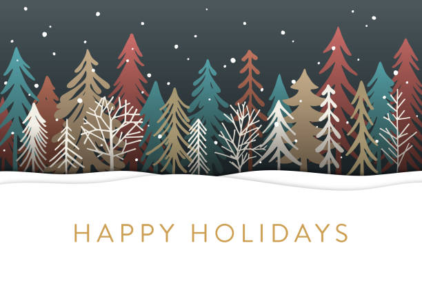 ilustraciones, imágenes clip art, dibujos animados e iconos de stock de tarjeta navideña con árboles de navidad - christmas snow frame backgrounds