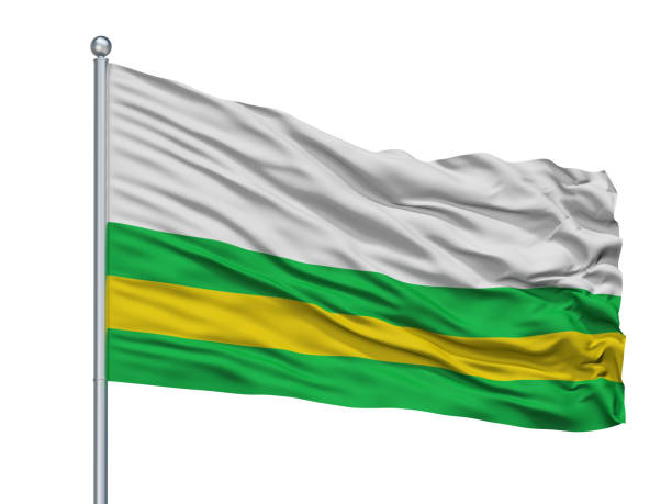 Sabadell City Flag On Flagstaff, Country Spain, Isolated On White Background, 3D Rendering