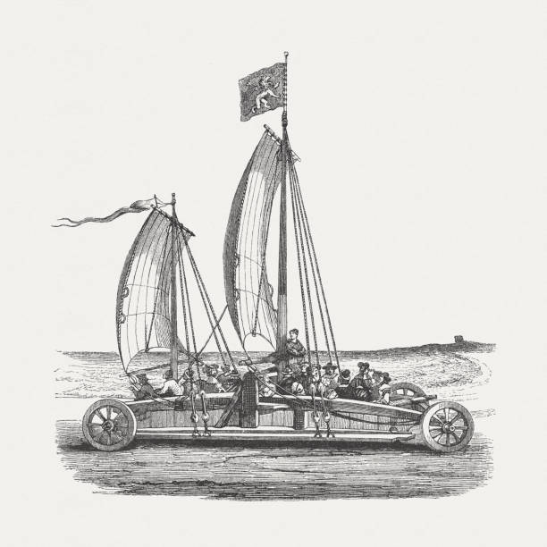 Wind chariot (Zeilwagen), created by Simon Stevin, woodcut, published 1885 Wind chariot or land yacht (Zeilwagen). Designed by Simon Stevin (Flemish mathematician, physicist and military engineer, 1548 - 1620) for Prince Maurice of Orange. Wood engraving after an etching by Jacques de Gheyn, published in 1885. kite sailing stock illustrations