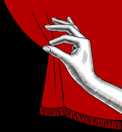 Female hand pulling aside the red curtain on black background. Vintage engraving stylized drawing. Retro concept poster and banner. Vector illustration