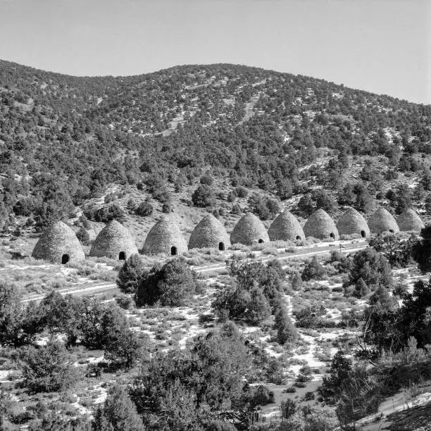 Wildrose Charcoal Kilns among a light dusting of snow. About 1975. Death Valley, California, USA.