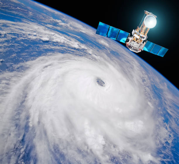 Research, probing, monitoring typhoon. Satellite above the Earth makes measurements of the weather parameters. Elements of this image furnished by NASA. Research, probing, monitoring hurricane Florence. Satellite above the Earth makes measurements of the weather parameters. Elements of this image furnished by NASA typhoon satellite stock pictures, royalty-free photos & images