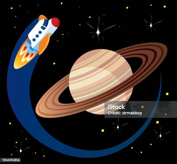 Saturn And Space Ship Stock Illustration - Download Image Now - Astronomy, Black Background, Curve