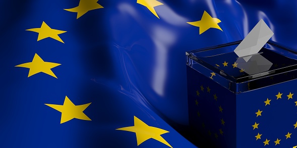 3d rendering glass ballot box on EU flag background